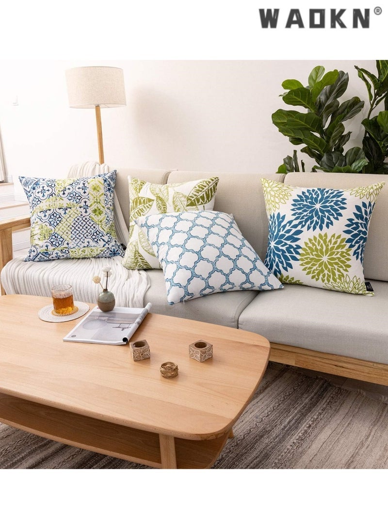 WAOKN Fresh Living Blue&Green Accent ，Simple geometric printing abstract floral linen pillow cover peach skin sofa pillowcase cushion cover，Decorative Throw Pillow Covers Pillow Covers for Couch Sofa Living Room Bedroom,Farmhouse Outdoor Throw Pillow Cover,Modern Geometric Square Throw Pillow Case Set of 4 - Image 5